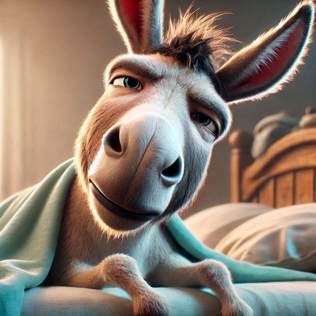 An anthropomorphized donkey waking up in the morning, realistic and not so happy