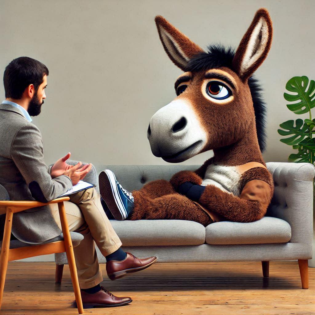 an anthropomorphized donkey laying on a therapists couch in a therapy session, looking depressed and talking to a therapist