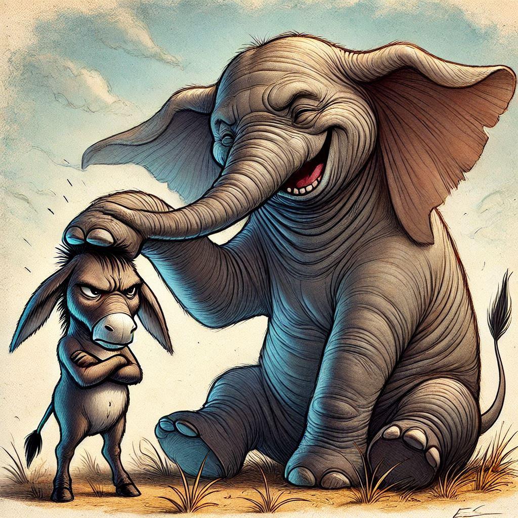 an anthropomorphized elephant patting the head of an angry anthropomorphized child donkey, with the elephant smiling and happy
