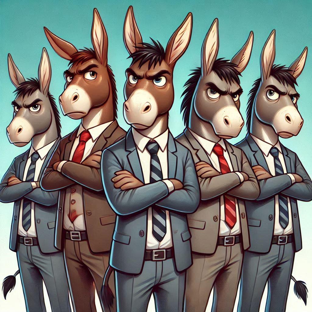 several anthropomorphized donkeys in suits with their arms crossed and looking annoyed or angry
