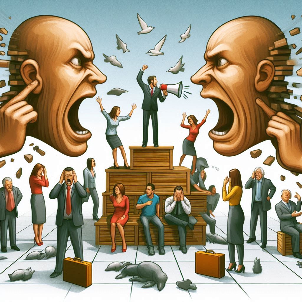 A visual metaphor of people being upset while someone else is talking